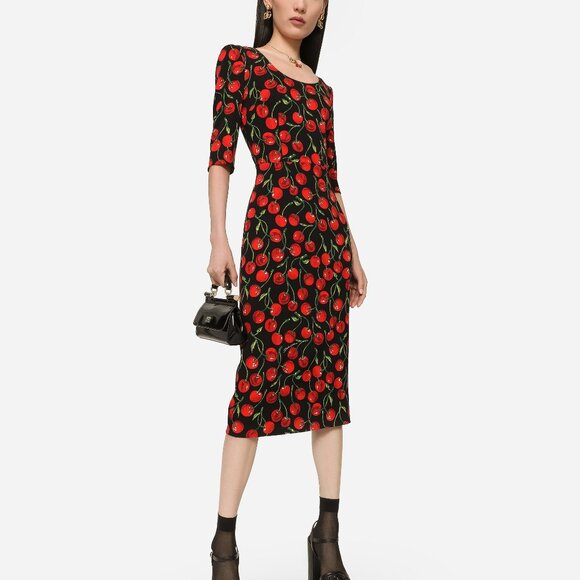 Dolce & Gabbana Cherry-print charmeuse calf-length dress NWT - Picture 2 of 11